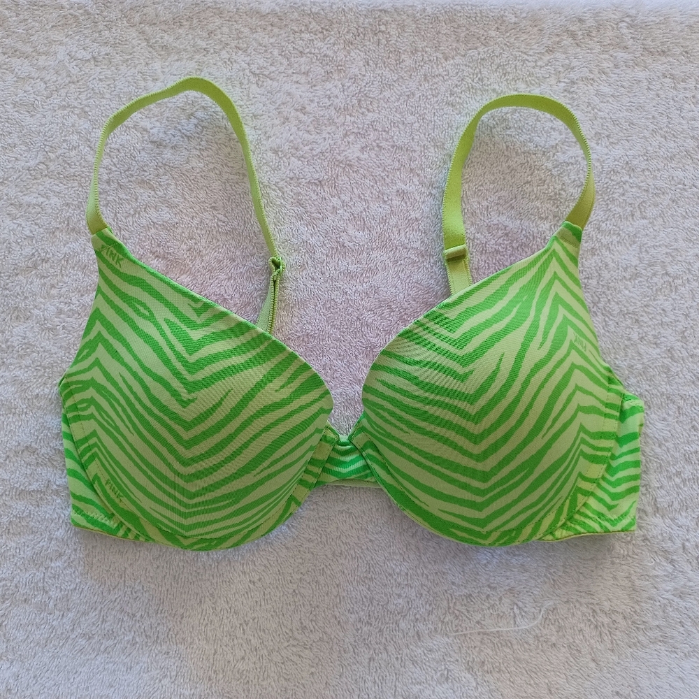 PINK Victoria's Secret Push-Up Green Zebra Print Bra, Size 34C